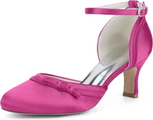 Women Mid Heels Wedding Bridal Shoes Round Toe Satin Ankle Strap Sandals Prom Evening Party Dress Pumps