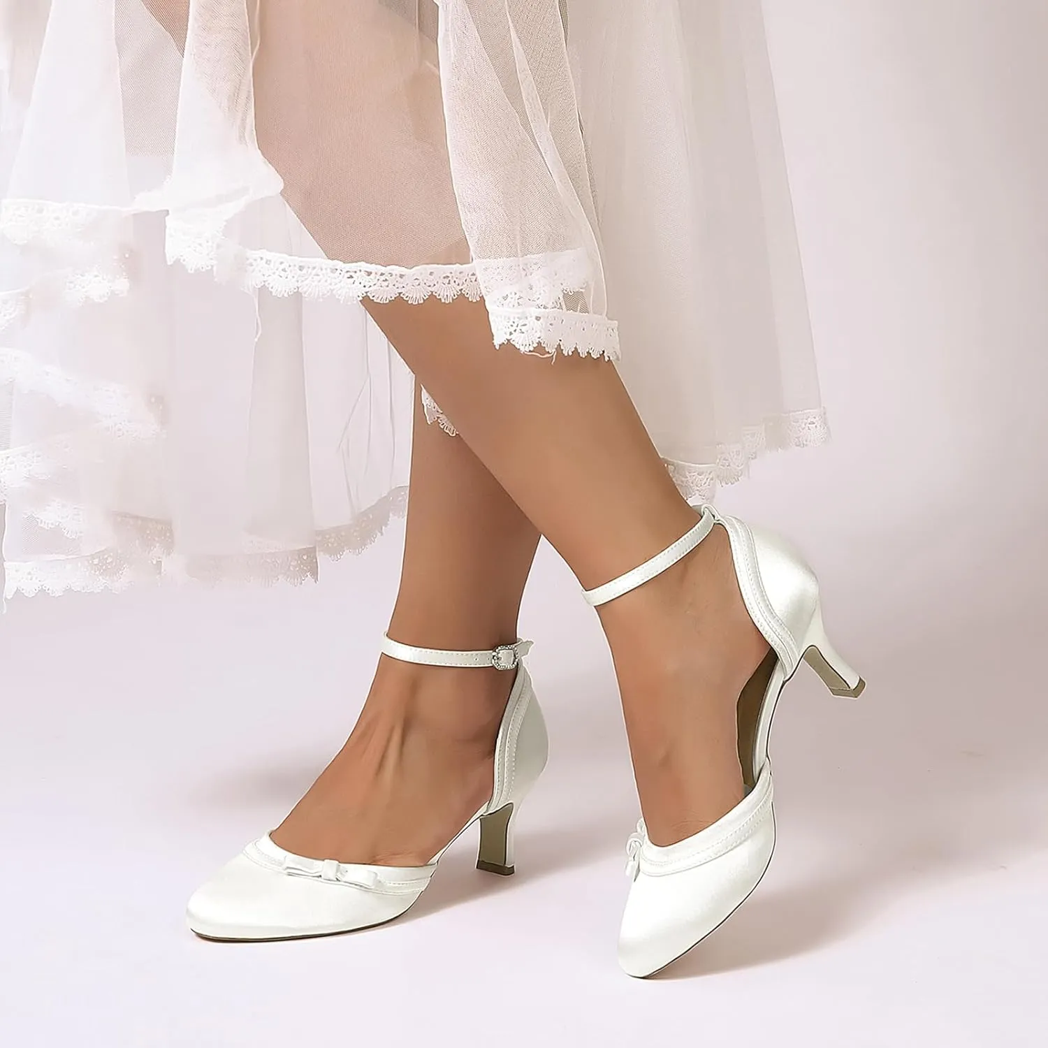 Women Mid Heels Wedding Bridal Shoes Round Toe Satin Ankle Strap Sandals Prom Evening Party Dress Pumps