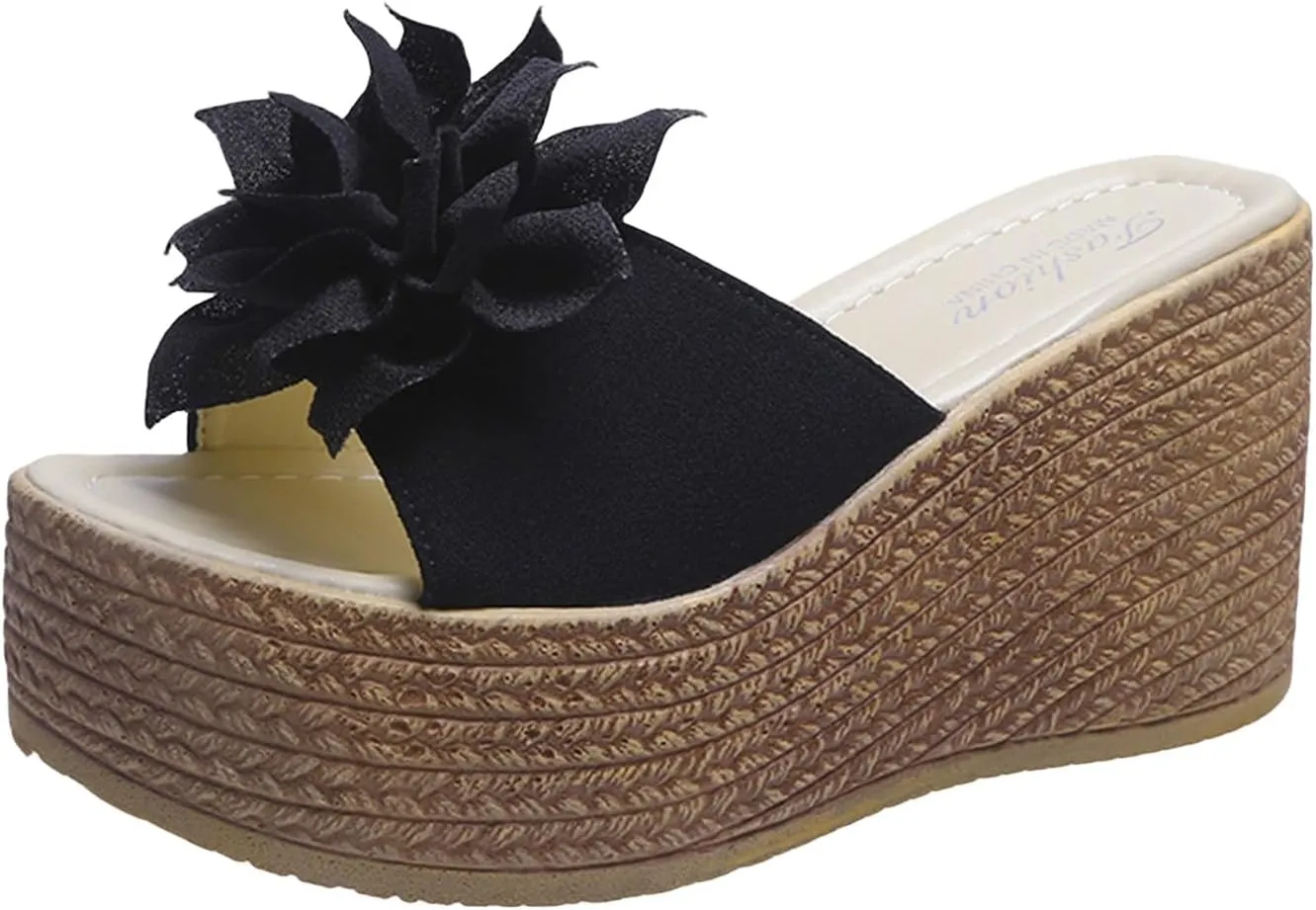 Women Platform Beach Slippers Wedge Heel Flip Flops Shoes Sandals Open Toe Ankle Dress Pumps Flower Muffins Shoe Platform Patent Leather Dress Sandal Beach Vacation Travel Slipper