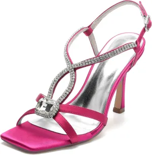 Women Satin Open Toe Stiletto Sandals Crystal Satin Wedding Shoes for Bride Slingback Party Prom Dressy High Heels Shoes 9.5Cm