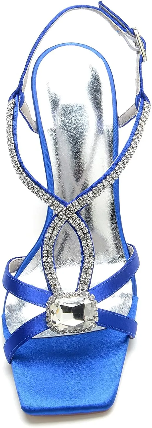 Women Satin Open Toe Stiletto Sandals Crystal Satin Wedding Shoes for Bride Slingback Party Prom Dressy High Heels Shoes 9.5Cm