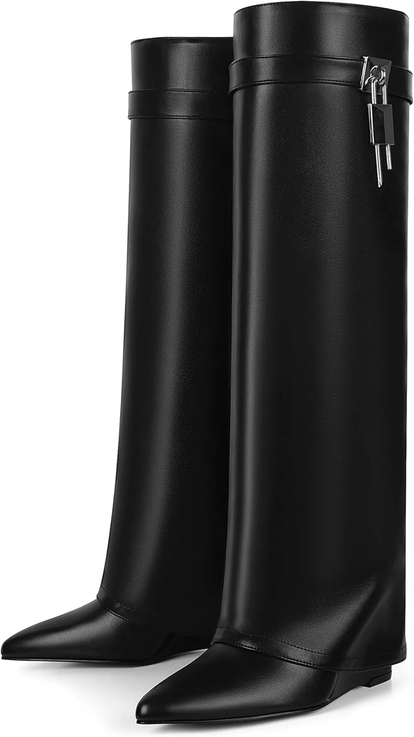 Women Wedge Heel Fold Pointy Pull-On Knee Shark Boot, Women Wide Calf Padlock Boot