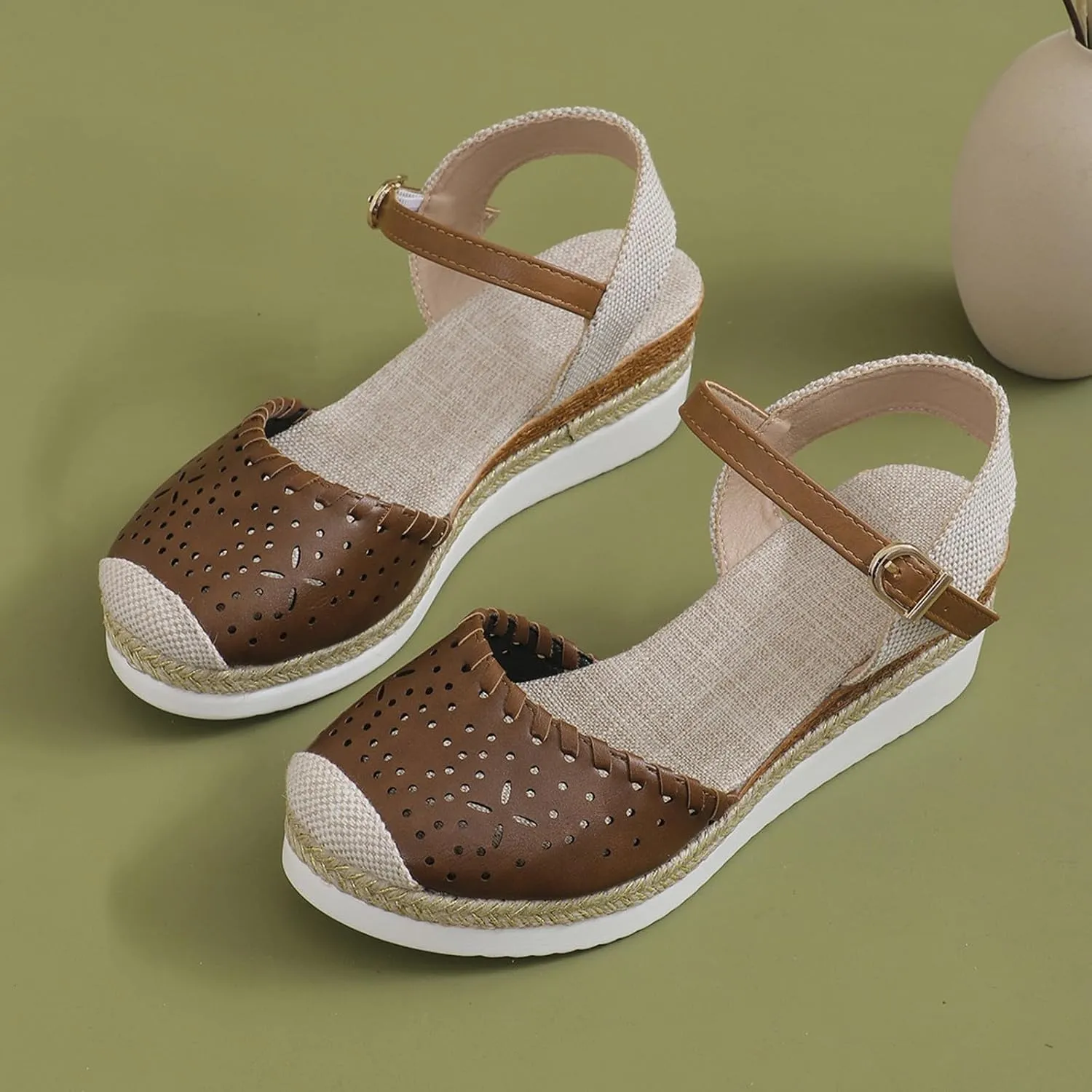 Women Wedge Sandals Close Toe Orthopedic Cork Sandal with Arch Support Elastic Ankle Strap Summer Slides Slip On Walking Shoes
