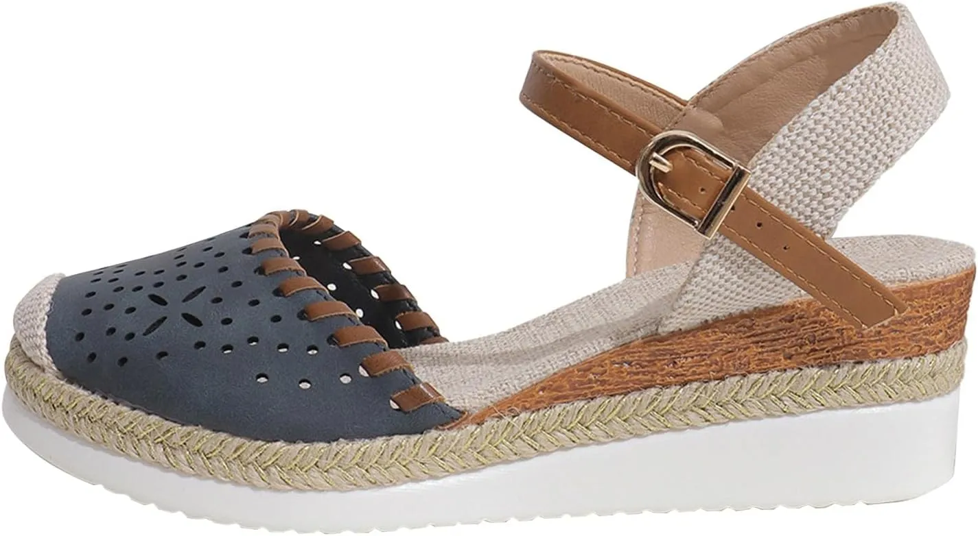 Women Wedge Sandals Close Toe Orthopedic Cork Sandal with Arch Support Elastic Ankle Strap Summer Slides Slip On Walking Shoes