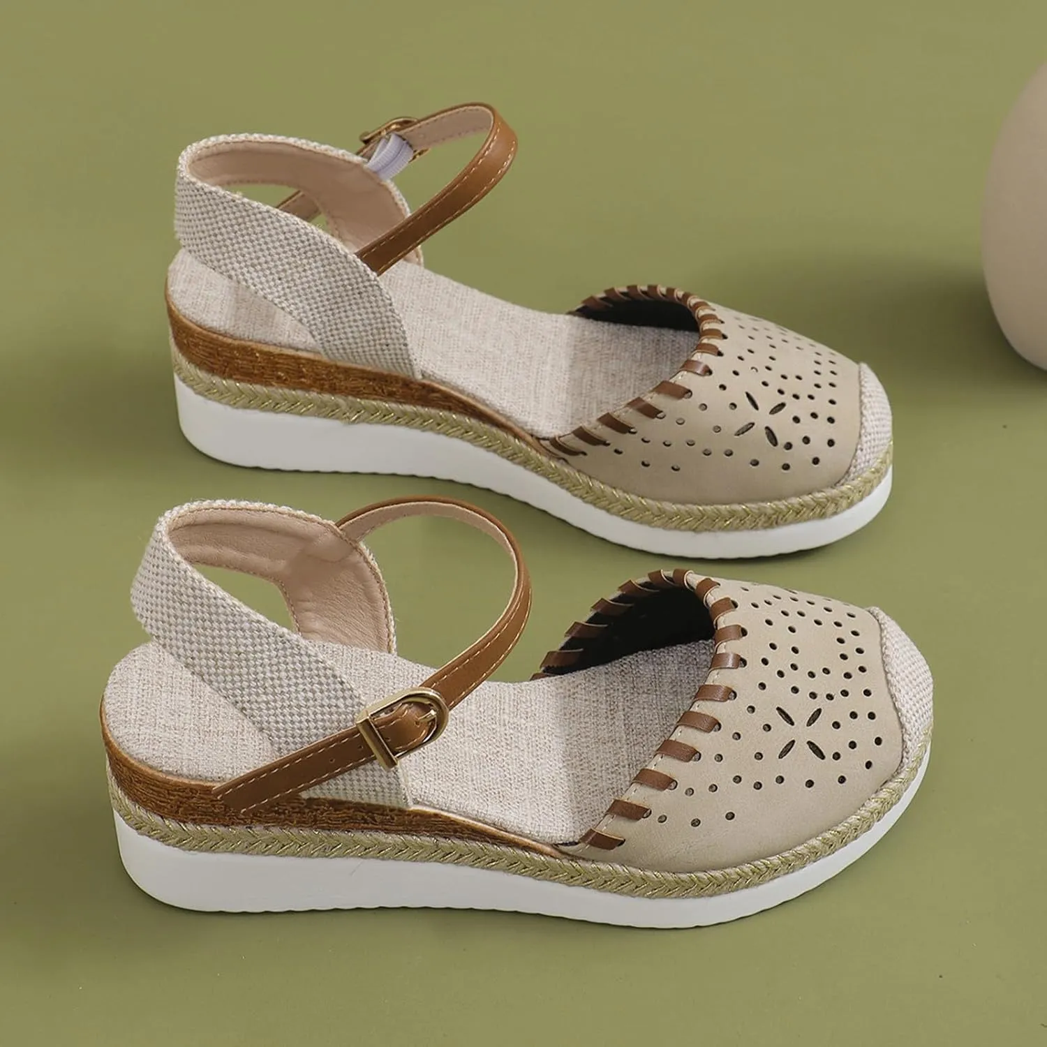 Women Wedge Sandals Close Toe Orthopedic Cork Sandal with Arch Support Elastic Ankle Strap Summer Slides Slip On Walking Shoes