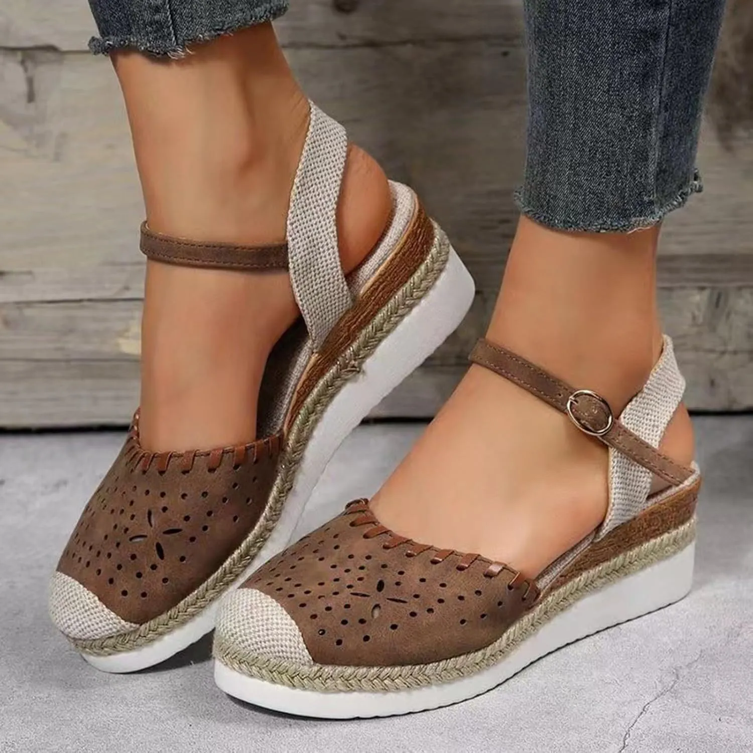 Women Wedge Sandals Close Toe Orthopedic Cork Sandal with Arch Support Elastic Ankle Strap Summer Slides Slip On Walking Shoes