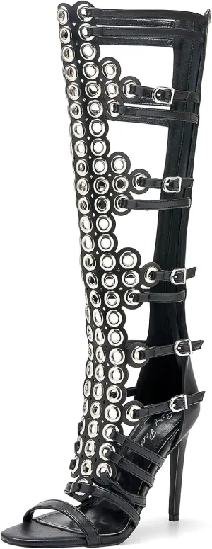 Women's 4.3IN Hollow Open Toe Knee High Boots Metal Buckle Stiletto Heels Nightclub Party Wedding Shoes