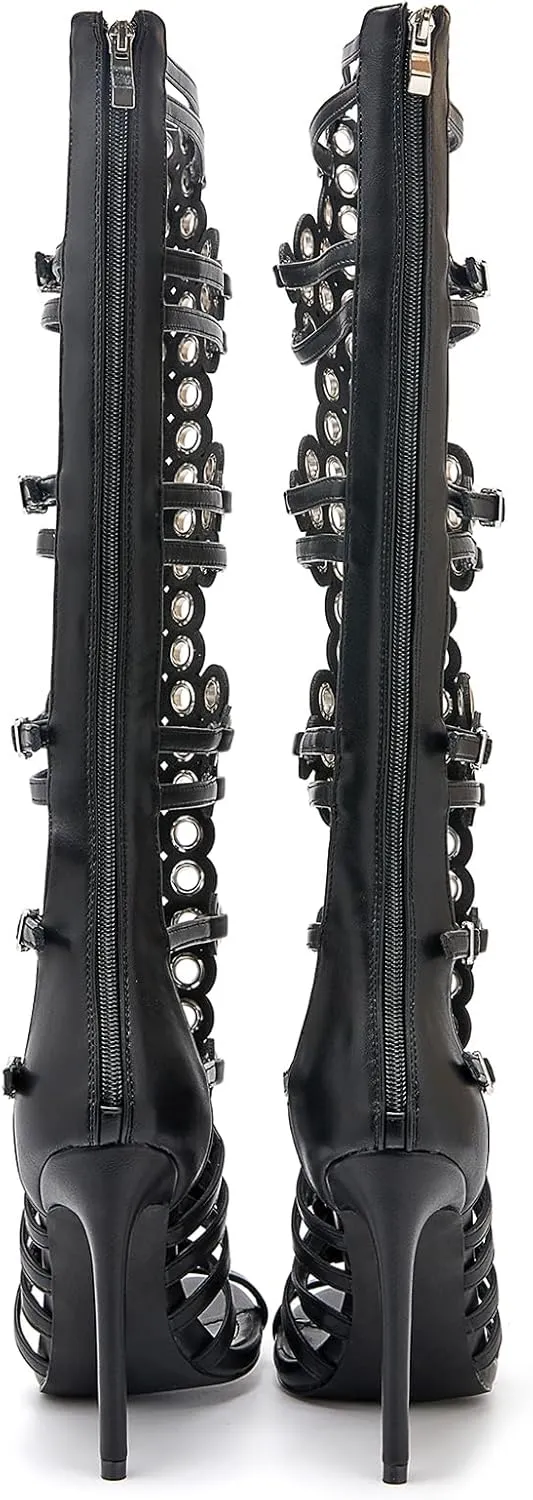 Women's 4.3IN Hollow Open Toe Knee High Boots Metal Buckle Stiletto Heels Nightclub Party Wedding Shoes