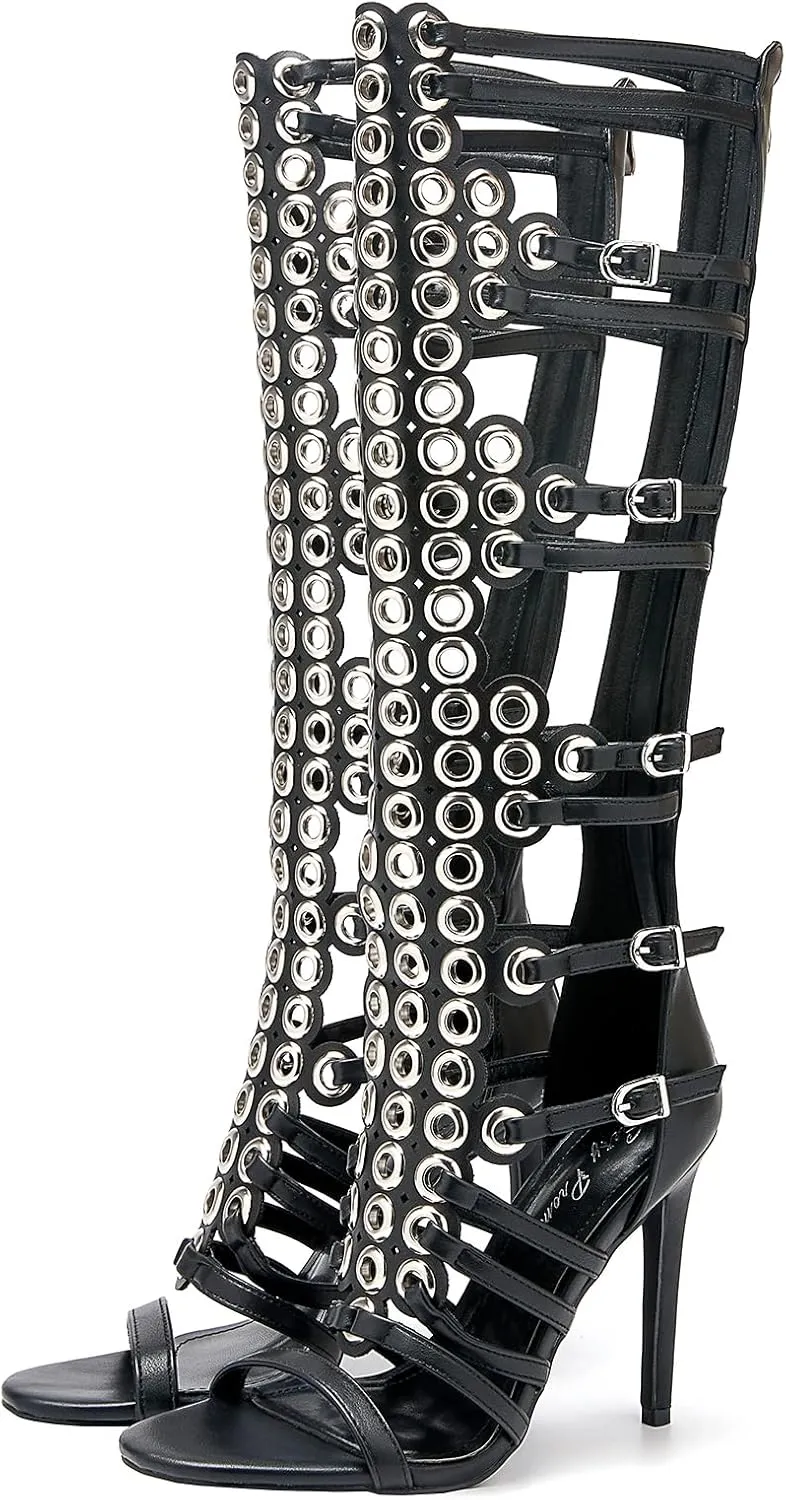 Women's 4.3IN Hollow Open Toe Knee High Boots Metal Buckle Stiletto Heels Nightclub Party Wedding Shoes