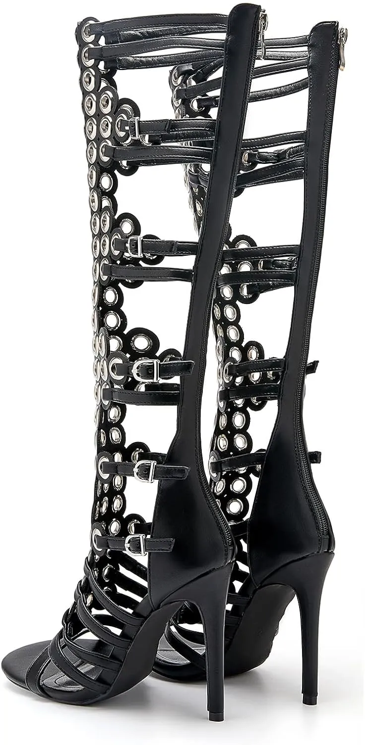 Women's 4.3IN Hollow Open Toe Knee High Boots Metal Buckle Stiletto Heels Nightclub Party Wedding Shoes