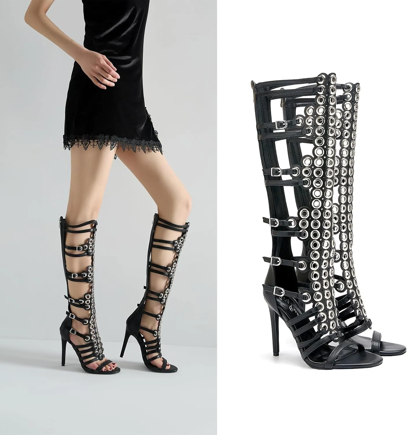 Women's 4.3IN Hollow Open Toe Knee High Boots Metal Buckle Stiletto Heels Nightclub Party Wedding Shoes