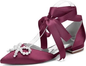 Women's Ballet Flat Tie Up Ankle Strap Pearls Bridal Wedding Shoes Satin Pointed Toe Strap Sandals