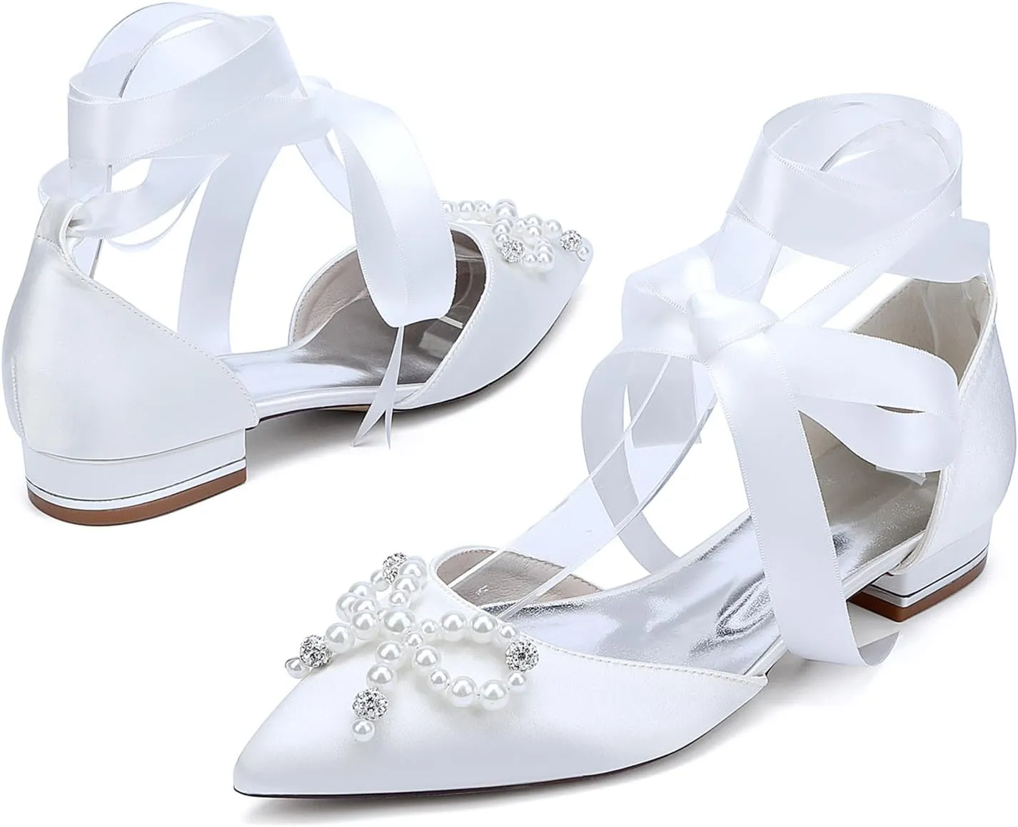 Women's Ballet Flat Tie Up Ankle Strap Pearls Bridal Wedding Shoes Satin Pointed Toe Strap Sandals