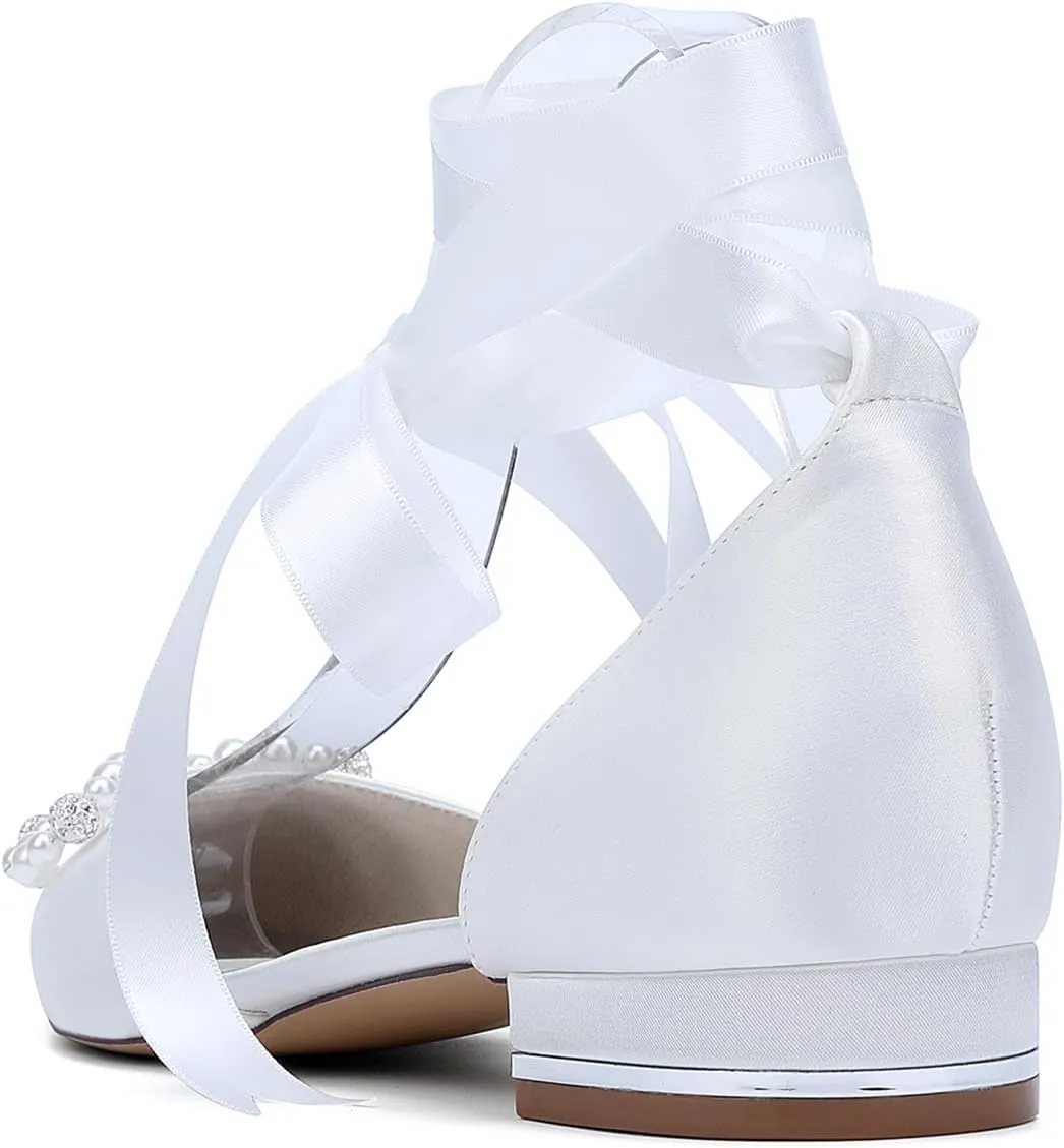 Women's Ballet Flat Tie Up Ankle Strap Pearls Bridal Wedding Shoes Satin Pointed Toe Strap Sandals