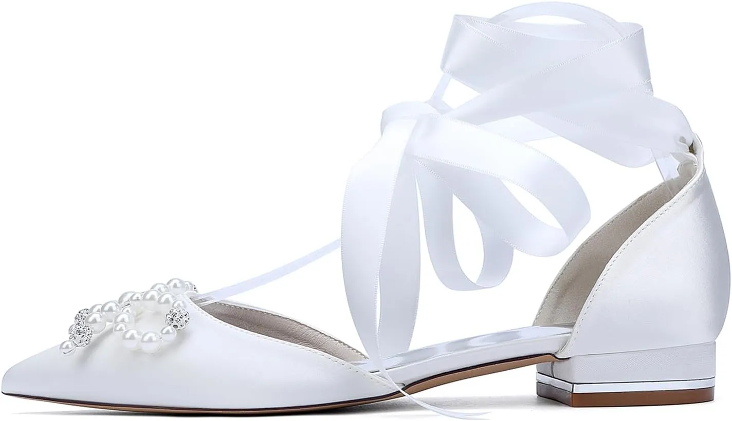Women's Ballet Flat Tie Up Ankle Strap Pearls Bridal Wedding Shoes Satin Pointed Toe Strap Sandals