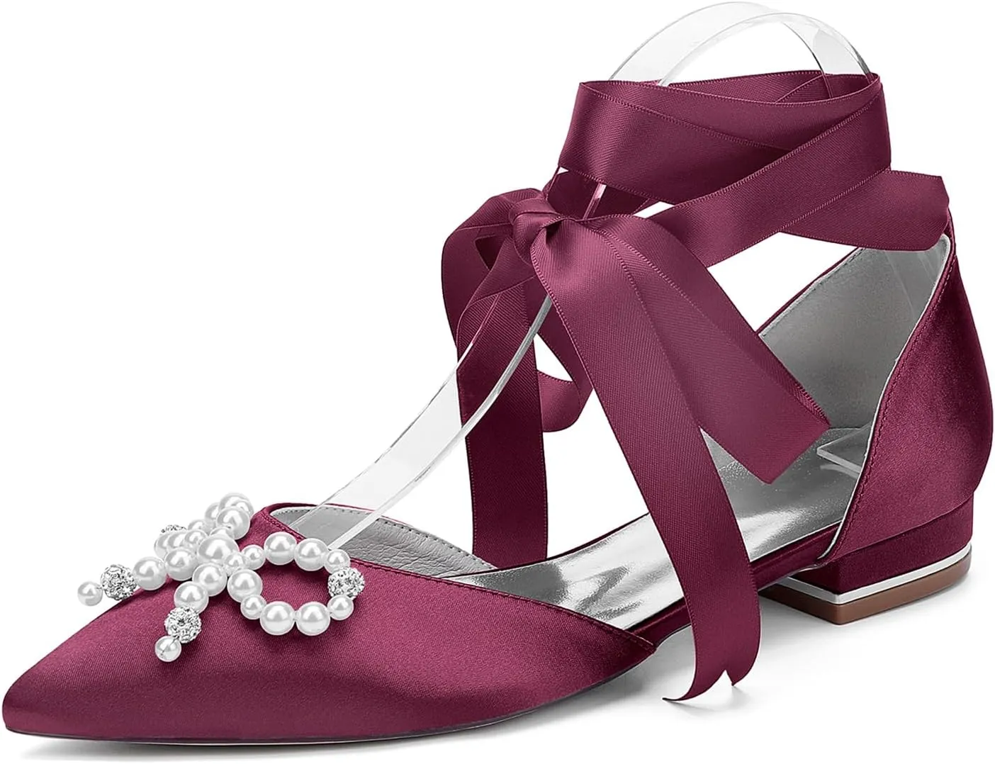Women's Ballet Flat Tie Up Ankle Strap Pearls Bridal Wedding Shoes Satin Pointed Toe Strap Sandals