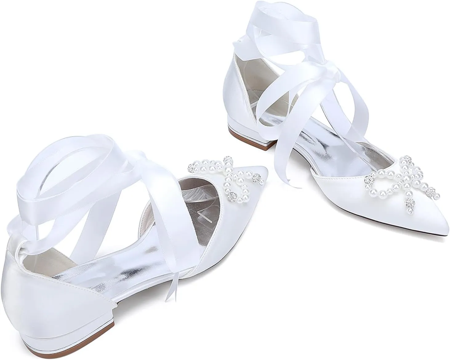 Women's Ballet Flat Tie Up Ankle Strap Pearls Bridal Wedding Shoes Satin Pointed Toe Strap Sandals