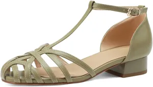 Women's Caged Closed Toe Flat Sandals T Strap Comfortable Adjustable Buckle Hollow Out Roman Sandals Vintage Casual Beach Sandals