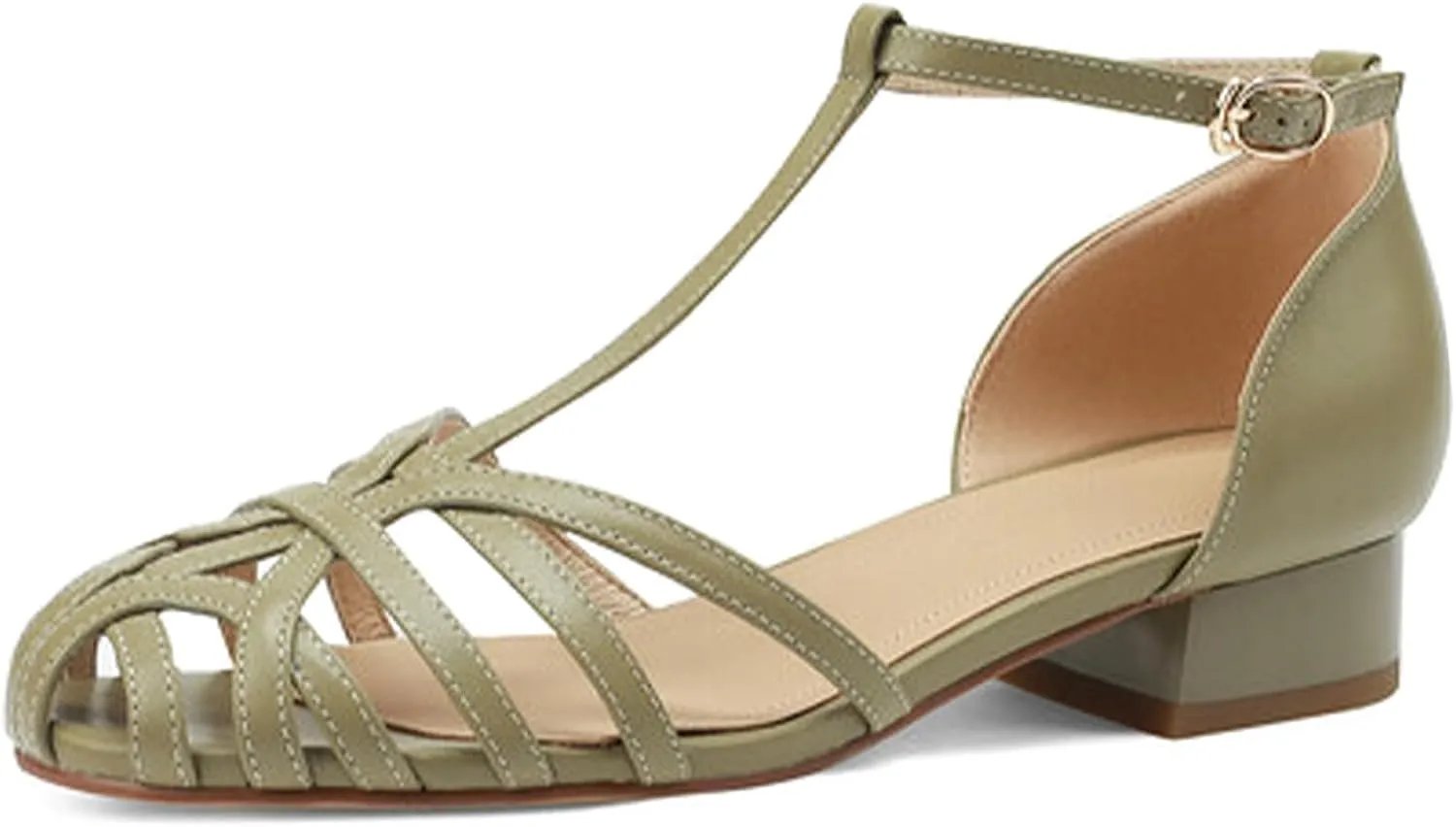 Women's Caged Closed Toe Flat Sandals T Strap Comfortable Adjustable Buckle Hollow Out Roman Sandals Vintage Casual Beach Sandals