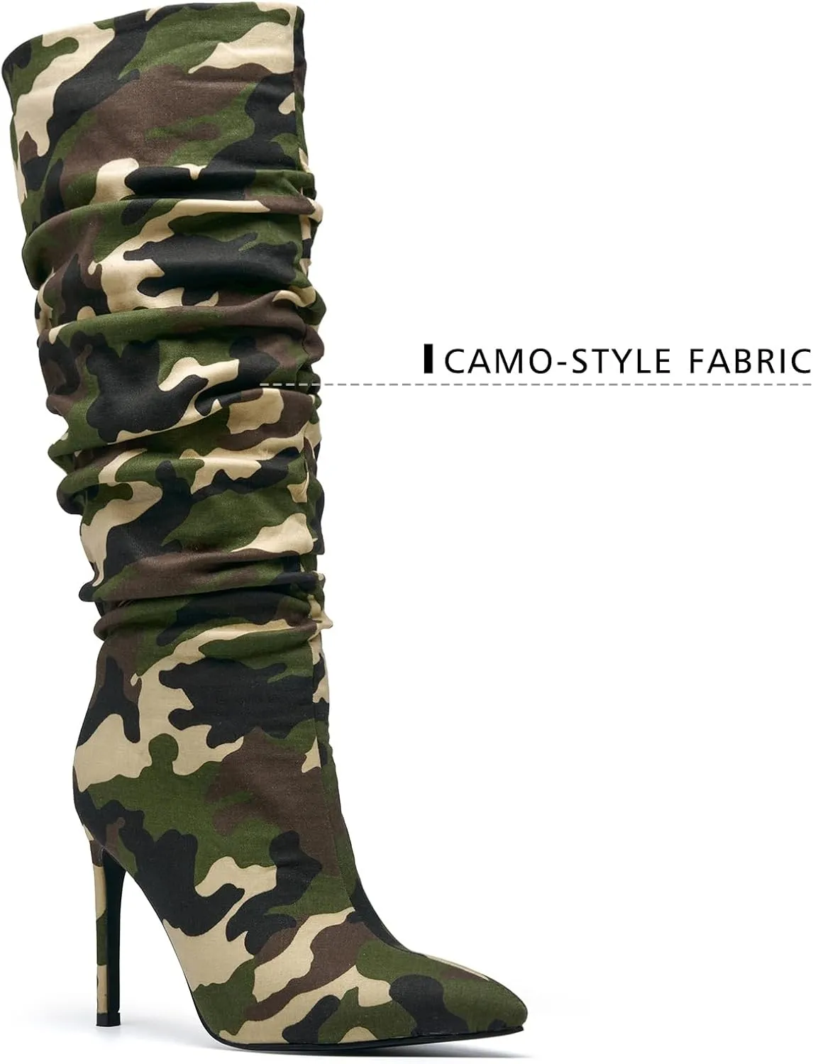 Women's Camo Knee High Boots Slouch High Heels Boots Pointed Stiletto Casual Pull-On Tall Boot Party Dress Shoes