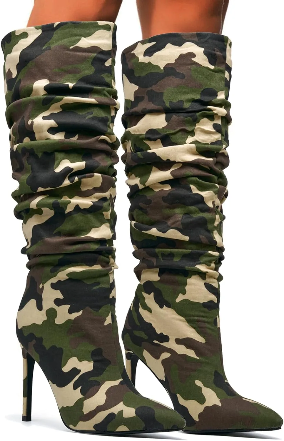 Women's Camo Knee High Boots Slouch High Heels Boots Pointed Stiletto Casual Pull-On Tall Boot Party Dress Shoes
