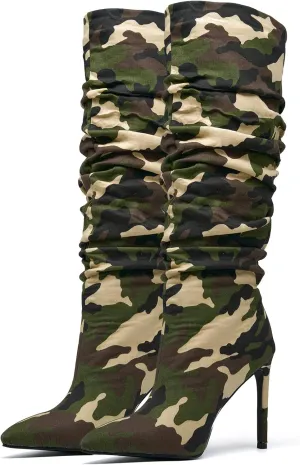 Women's Camo Knee High Boots Slouch High Heels Boots Pointed Stiletto Casual Pull-On Tall Boot Party Dress Shoes