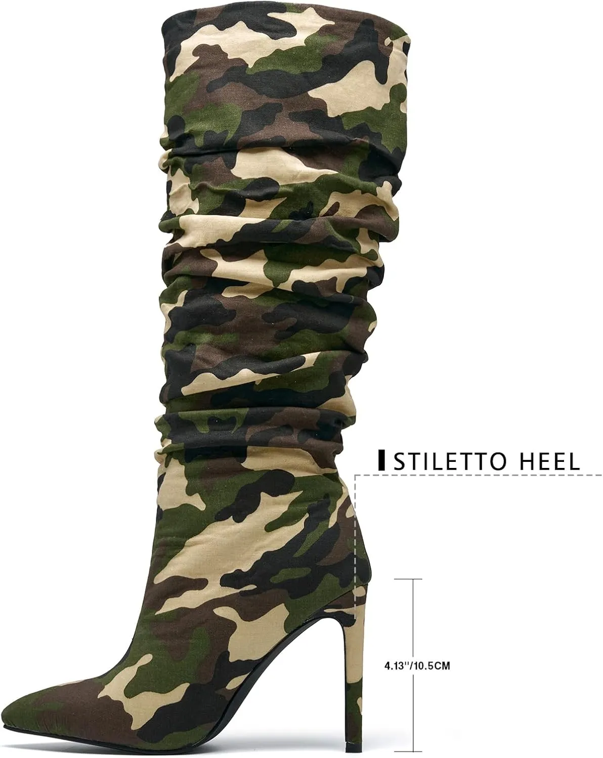 Women's Camo Knee High Boots Slouch High Heels Boots Pointed Stiletto Casual Pull-On Tall Boot Party Dress Shoes