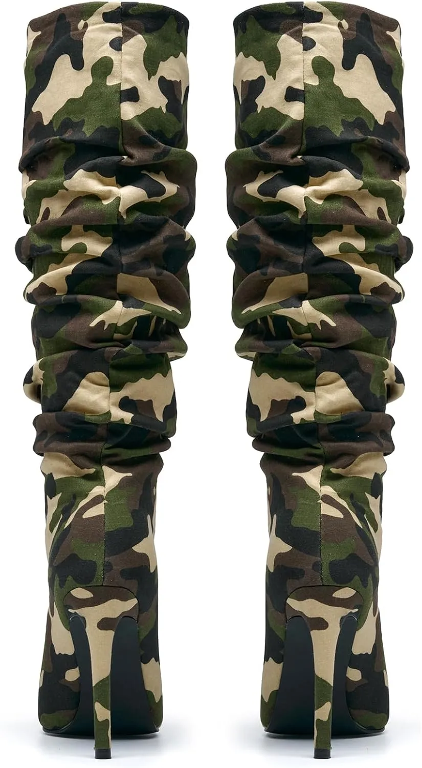Women's Camo Knee High Boots Slouch High Heels Boots Pointed Stiletto Casual Pull-On Tall Boot Party Dress Shoes