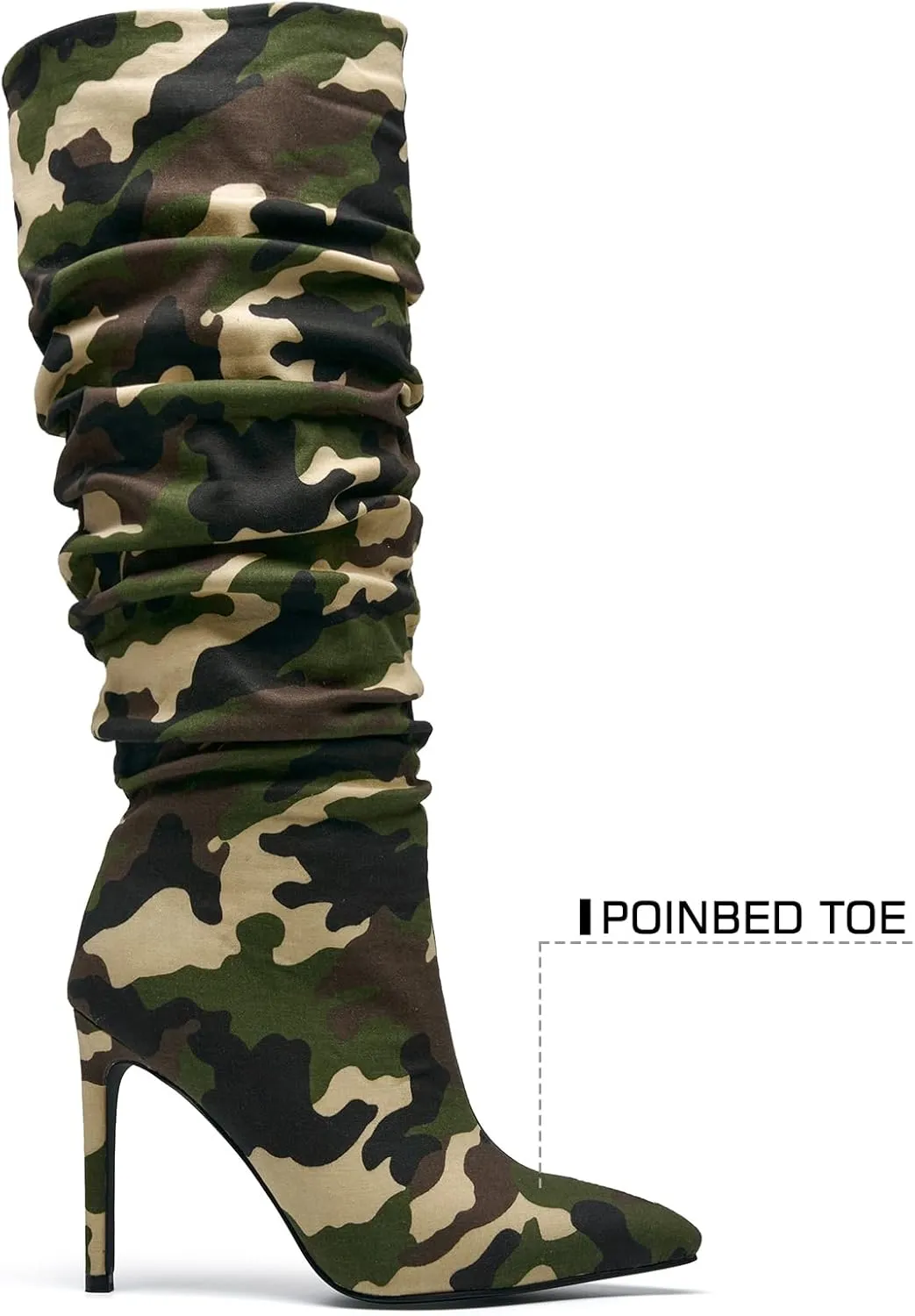 Women's Camo Knee High Boots Slouch High Heels Boots Pointed Stiletto Casual Pull-On Tall Boot Party Dress Shoes