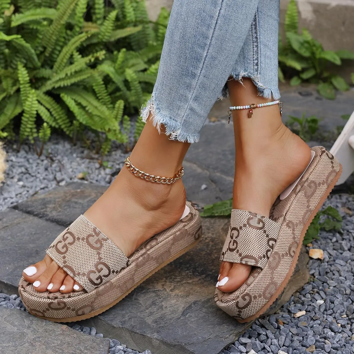 Women's Canvas Platform Slides Sandals Vintage Thread Edge Open Toe Slip On Comfortable Open Toe Summer Beach Sandals