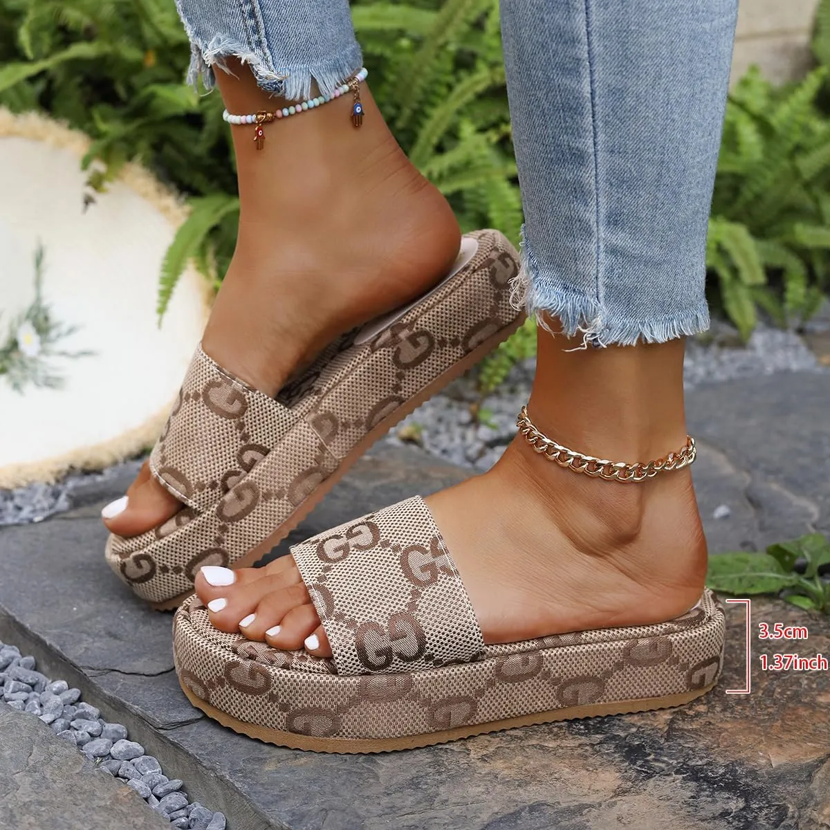 Women's Canvas Platform Slides Sandals Vintage Thread Edge Open Toe Slip On Comfortable Open Toe Summer Beach Sandals