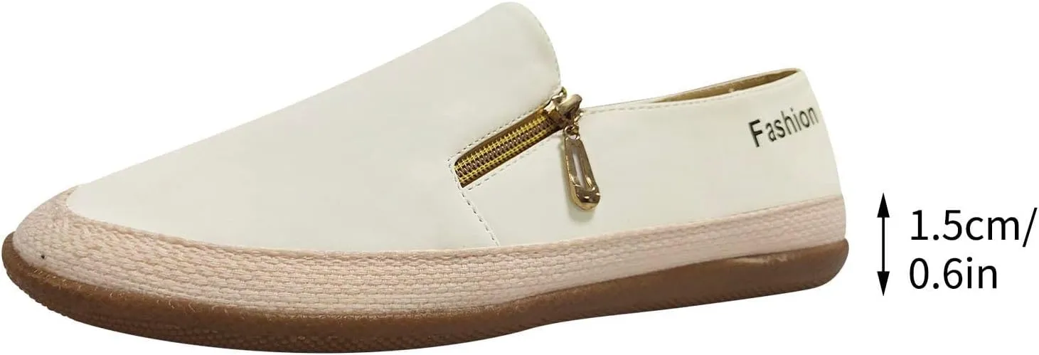 Womens Canvas Shoes Summer Fashion Casual Round Toe Closed Toe Zipper Platform Sole Hemp Rope Shoes Solid Color Lightweight Comfy Walking Shoes Loafers