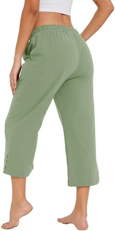 Womens Capris Pants High Waist Drawstring Comfy Casual Lightweight Loose Trousers Buttons Trim with Pockets