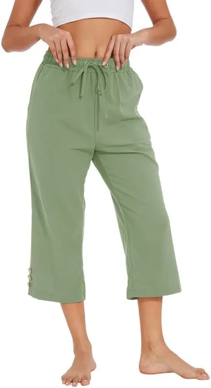 Womens Capris Pants High Waist Drawstring Comfy Casual Lightweight Loose Trousers Buttons Trim with Pockets