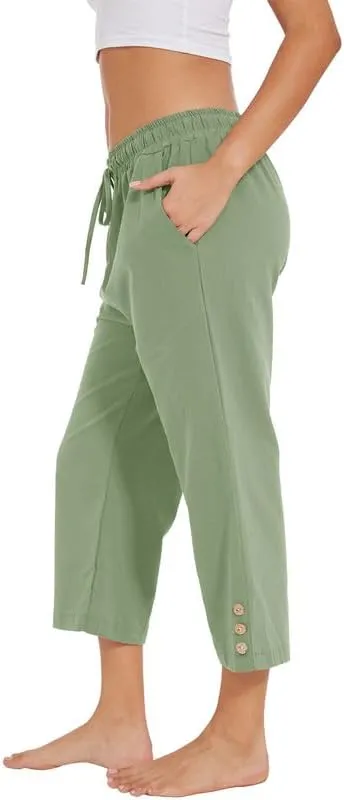 Womens Capris Pants High Waist Drawstring Comfy Casual Lightweight Loose Trousers Buttons Trim with Pockets