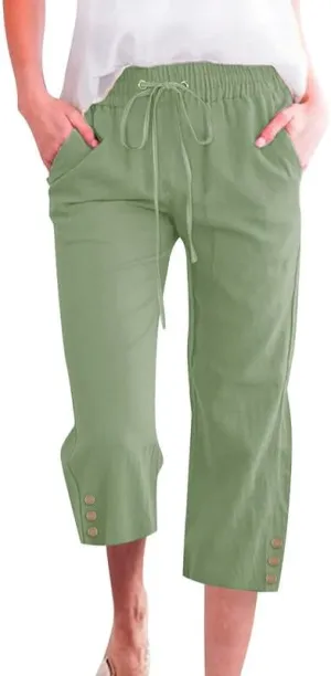 Womens Capris Pants High Waist Drawstring Comfy Casual Lightweight Loose Trousers Buttons Trim with Pockets
