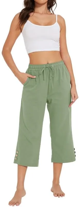 Womens Capris Pants High Waist Drawstring Comfy Casual Lightweight Loose Trousers Buttons Trim with Pockets