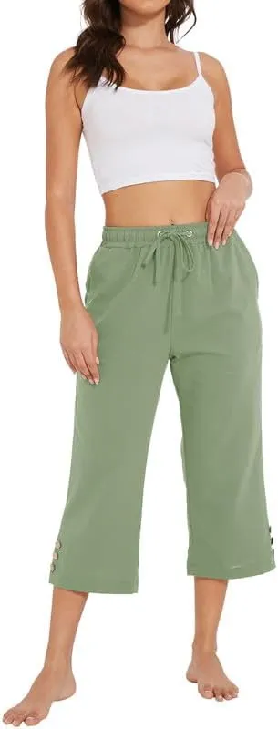 Womens Capris Pants High Waist Drawstring Comfy Casual Lightweight Loose Trousers Buttons Trim with Pockets