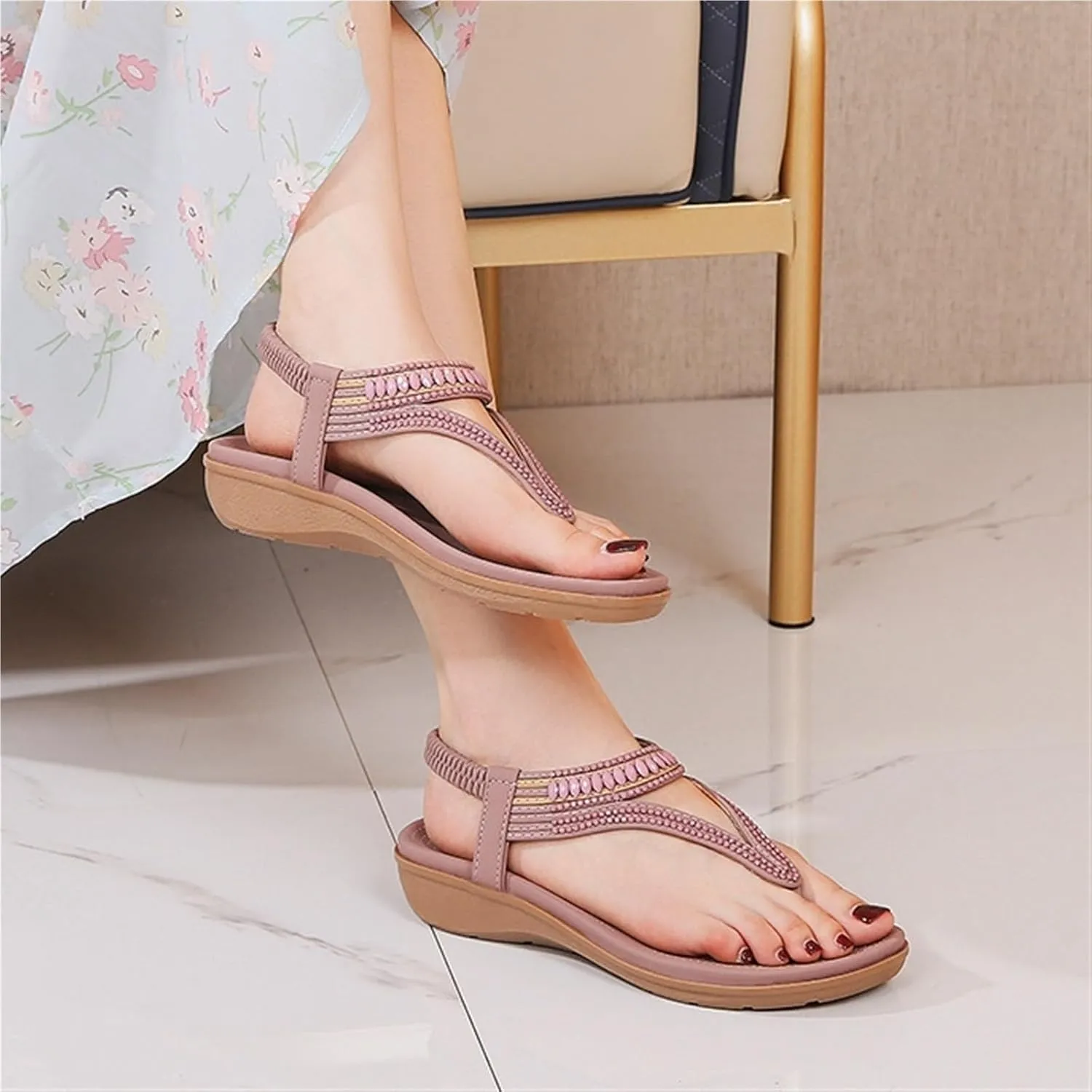Women's Casual Outdoor Elastic Strap Sandals Non-Slip Wedge Heel Sandals Flats Flip Flops Arch Support Slides for Summers Dress Beach