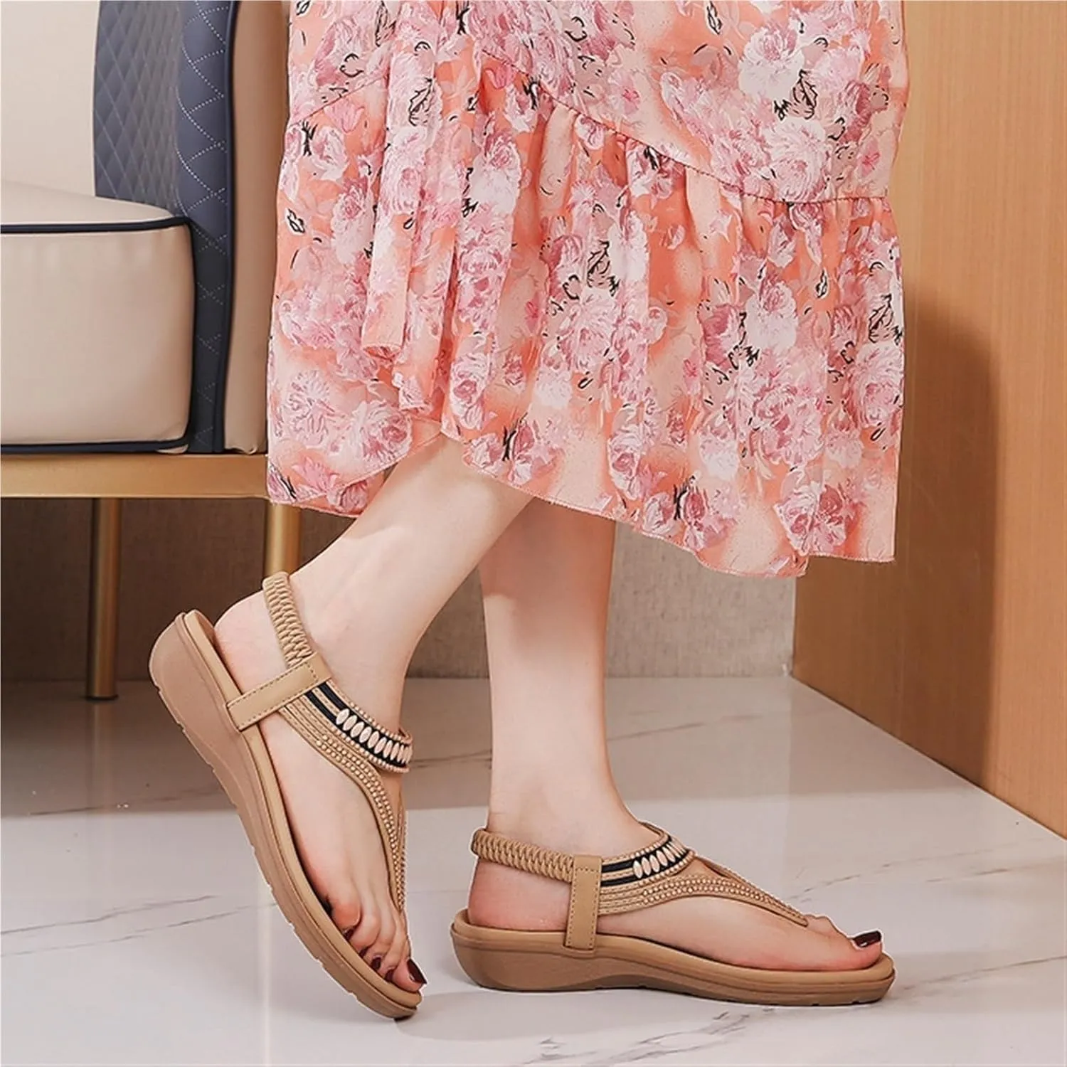 Women's Casual Outdoor Elastic Strap Sandals Non-Slip Wedge Heel Sandals Flats Flip Flops Arch Support Slides for Summers Dress Beach
