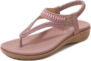 Women's Casual Outdoor Elastic Strap Sandals Non-Slip Wedge Heel Sandals Flats Flip Flops Arch Support Slides for Summers Dress Beach