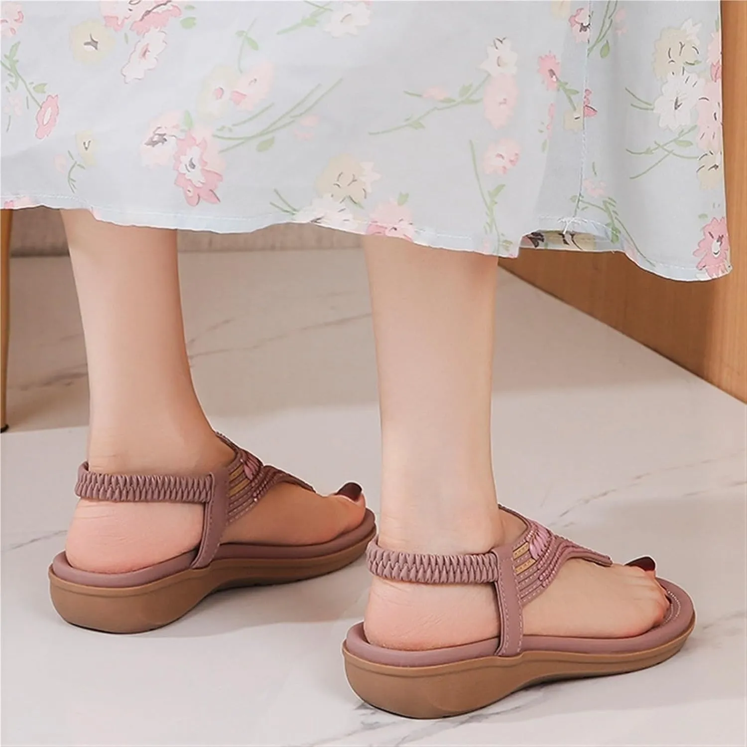 Women's Casual Outdoor Elastic Strap Sandals Non-Slip Wedge Heel Sandals Flats Flip Flops Arch Support Slides for Summers Dress Beach
