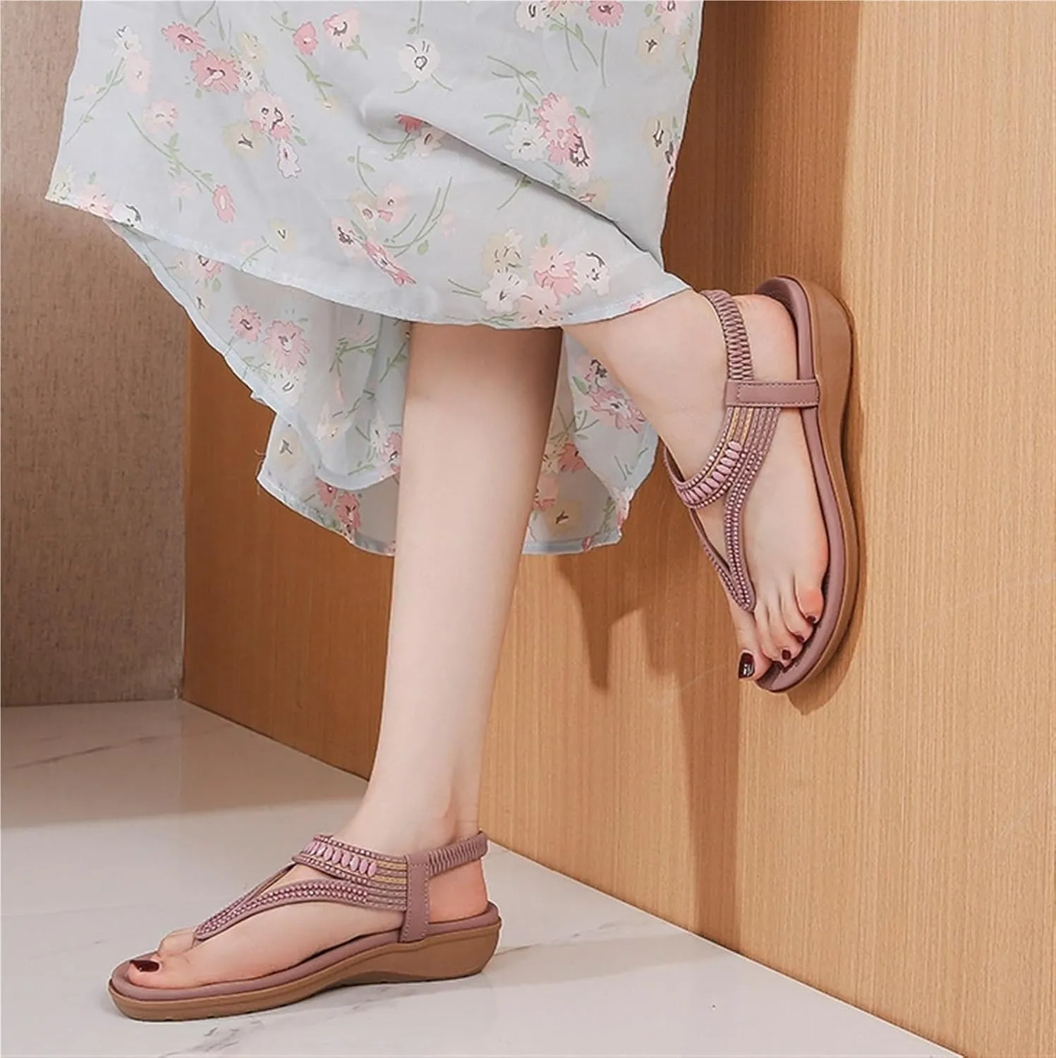 Women's Casual Outdoor Elastic Strap Sandals Non-Slip Wedge Heel Sandals Flats Flip Flops Arch Support Slides for Summers Dress Beach