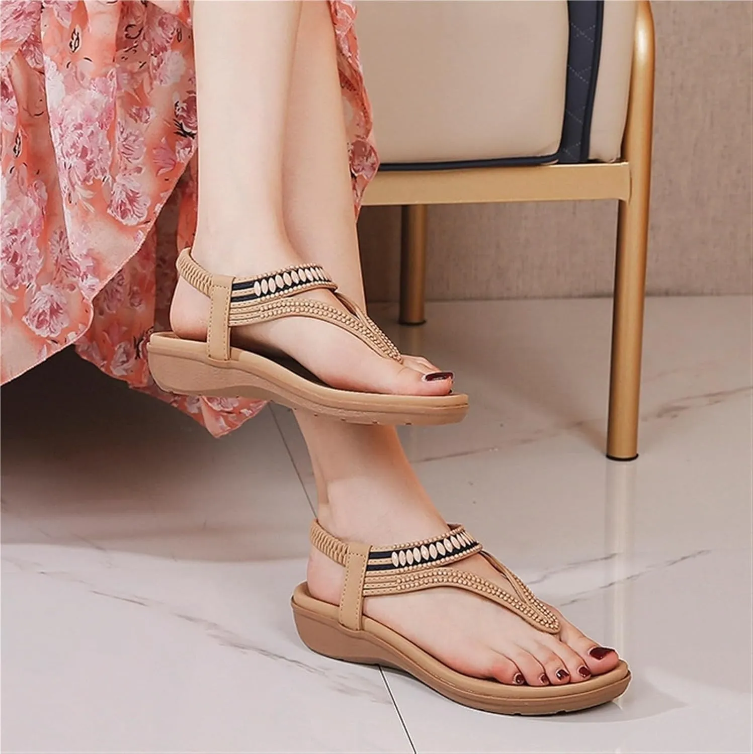 Women's Casual Outdoor Elastic Strap Sandals Non-Slip Wedge Heel Sandals Flats Flip Flops Arch Support Slides for Summers Dress Beach
