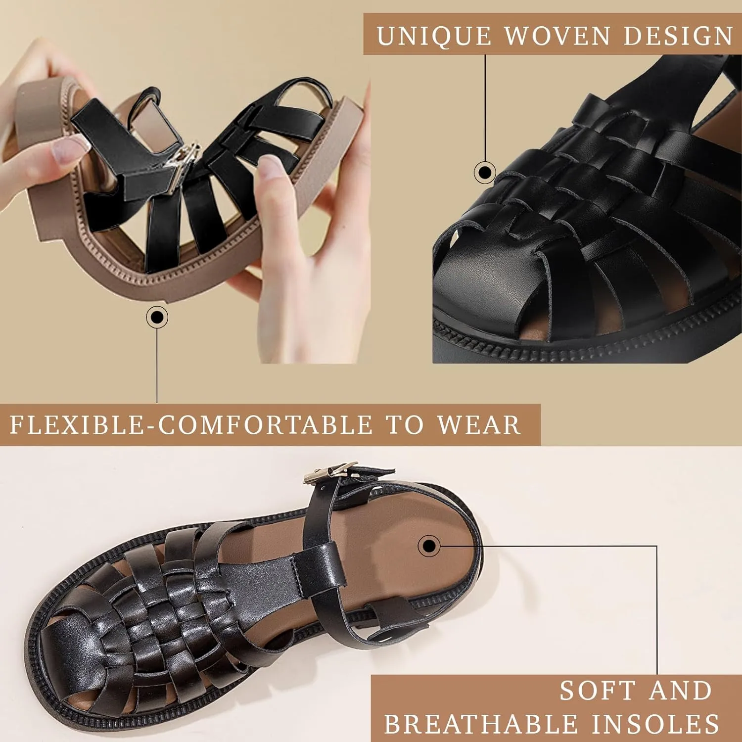 Women's Closed Toe Flat Fisherman Sandals Comfortable Summer Retro Leather Roman Sandals