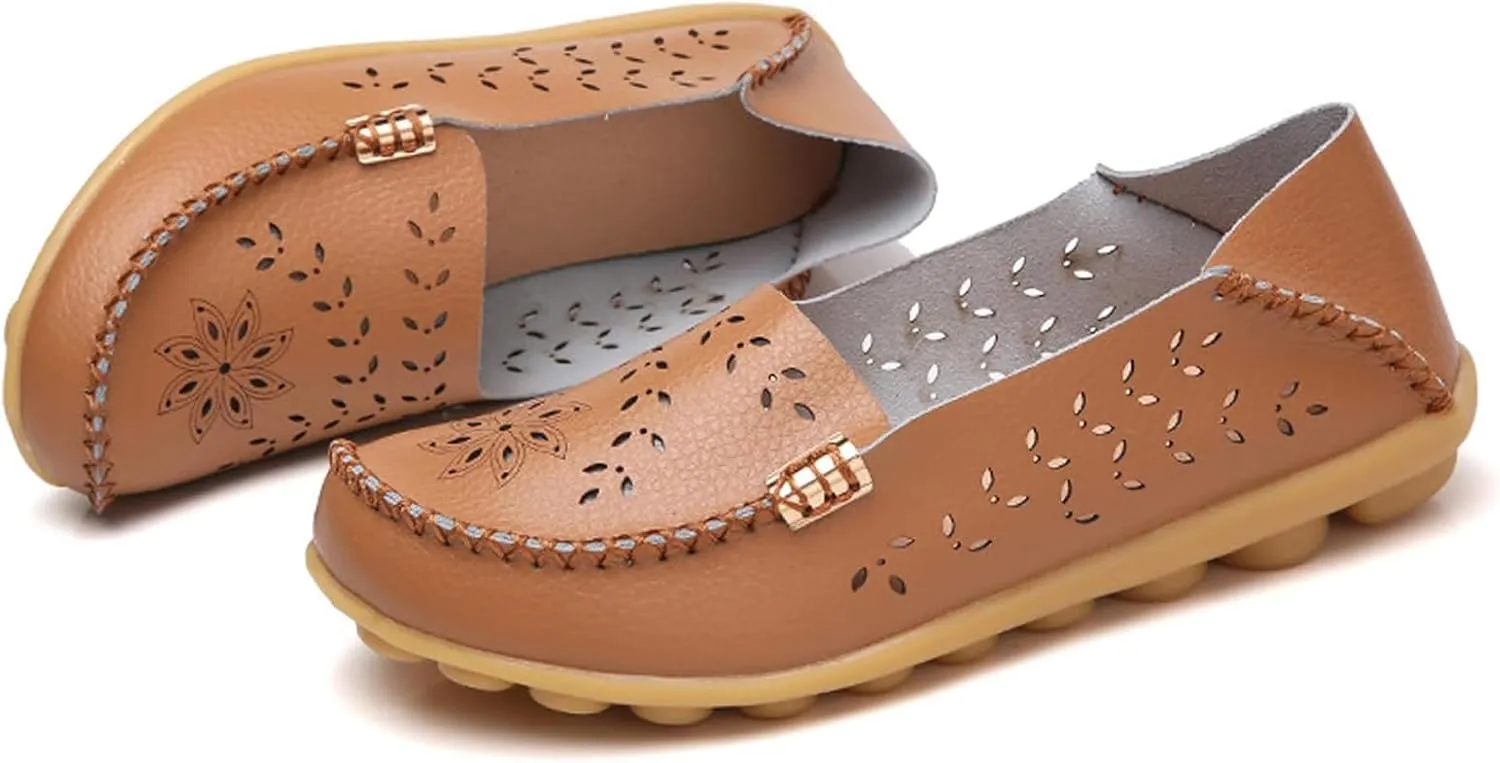 Women's Cowhide Leather Shoes Loafers Flats Sandals Slip-On Cutout Orthopedic Breathable Comfortable Hollow Soft Summer Casual Leather, Loafer Fashion Slip On Walking Round Toe Nurse Driving Shoes