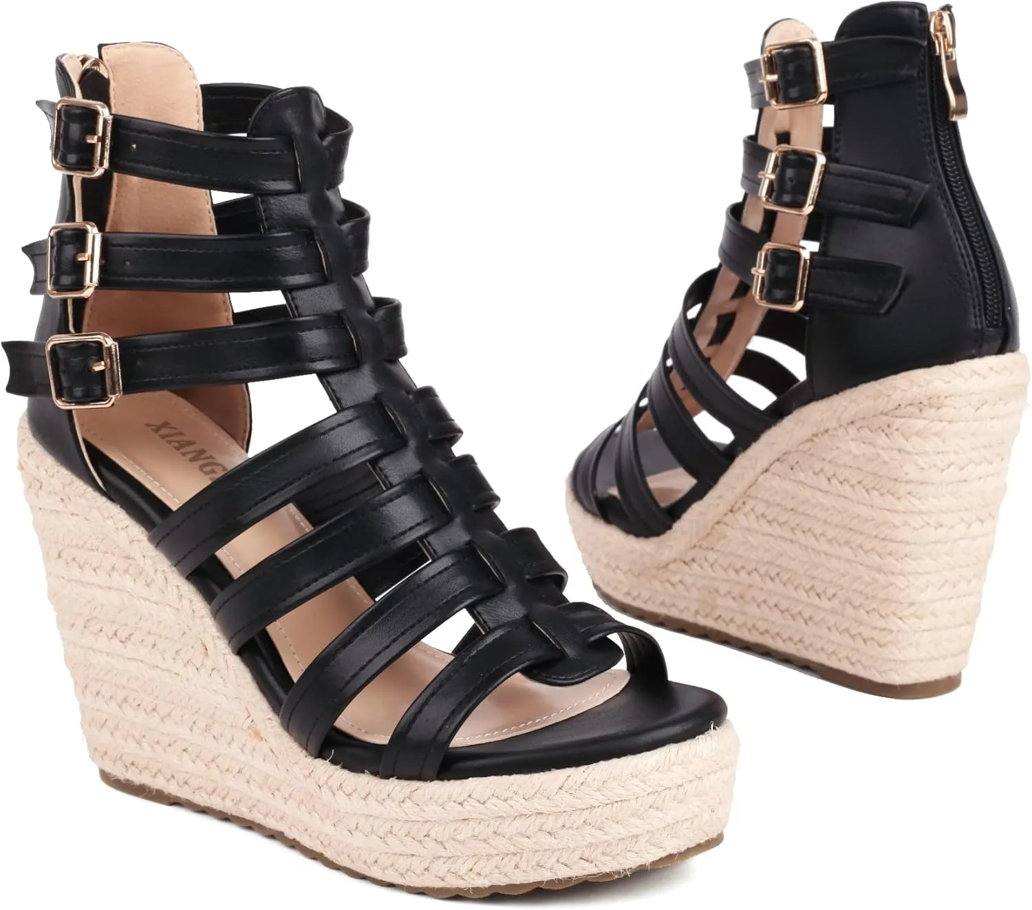 Women's Espadrilles Platform Wedge Sandals 4 Inch Adjustable Strappy with Back Zipper Open Toe Summer Vacation Dressy Wedge Heels