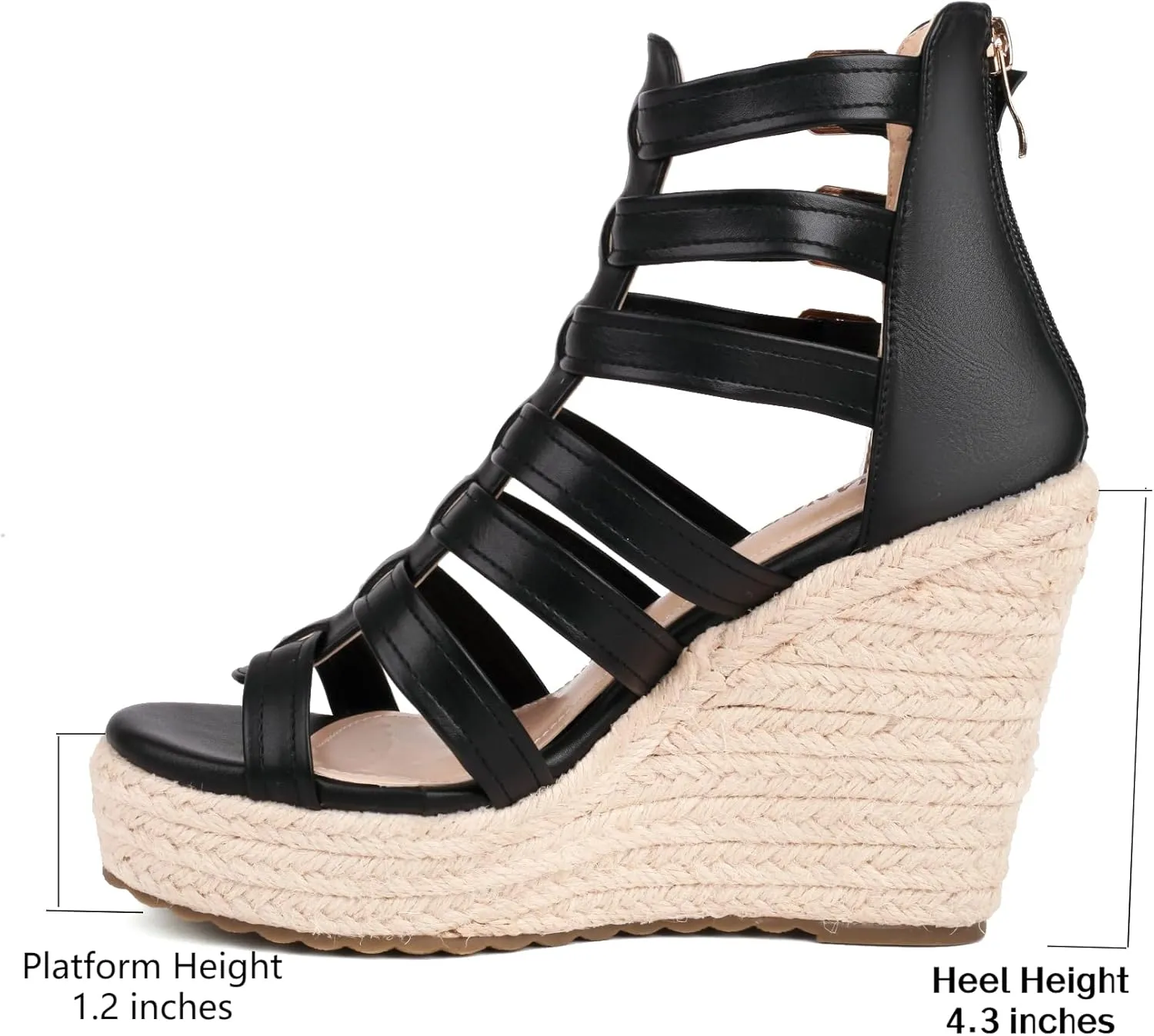 Women's Espadrilles Platform Wedge Sandals 4 Inch Adjustable Strappy with Back Zipper Open Toe Summer Vacation Dressy Wedge Heels
