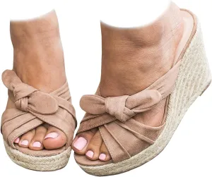 Womens Espadrilles Slip on Wedge Sandals Slides Bow Tie Platform Open Toe Summer Mules Shoes, Nude, Size 10