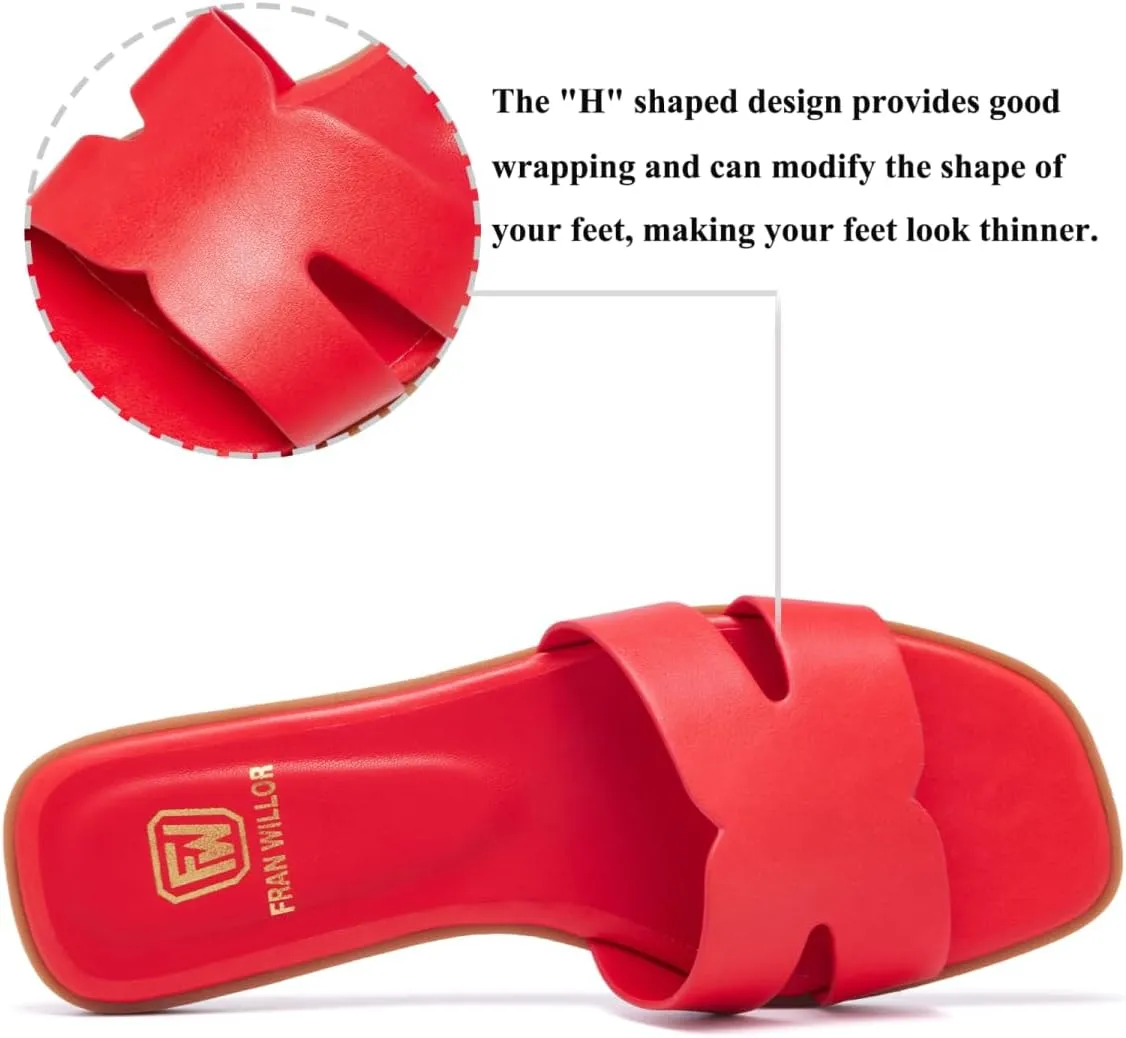 Women's Flat Sandals Dressy Comfortable Slide Sandals Fashion Square Open Toe Slip On Beach Sandals for Summer